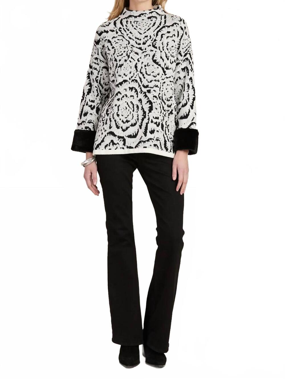 NEW TYLER BOE jacquard tunic abstract cape sweater in black/ white